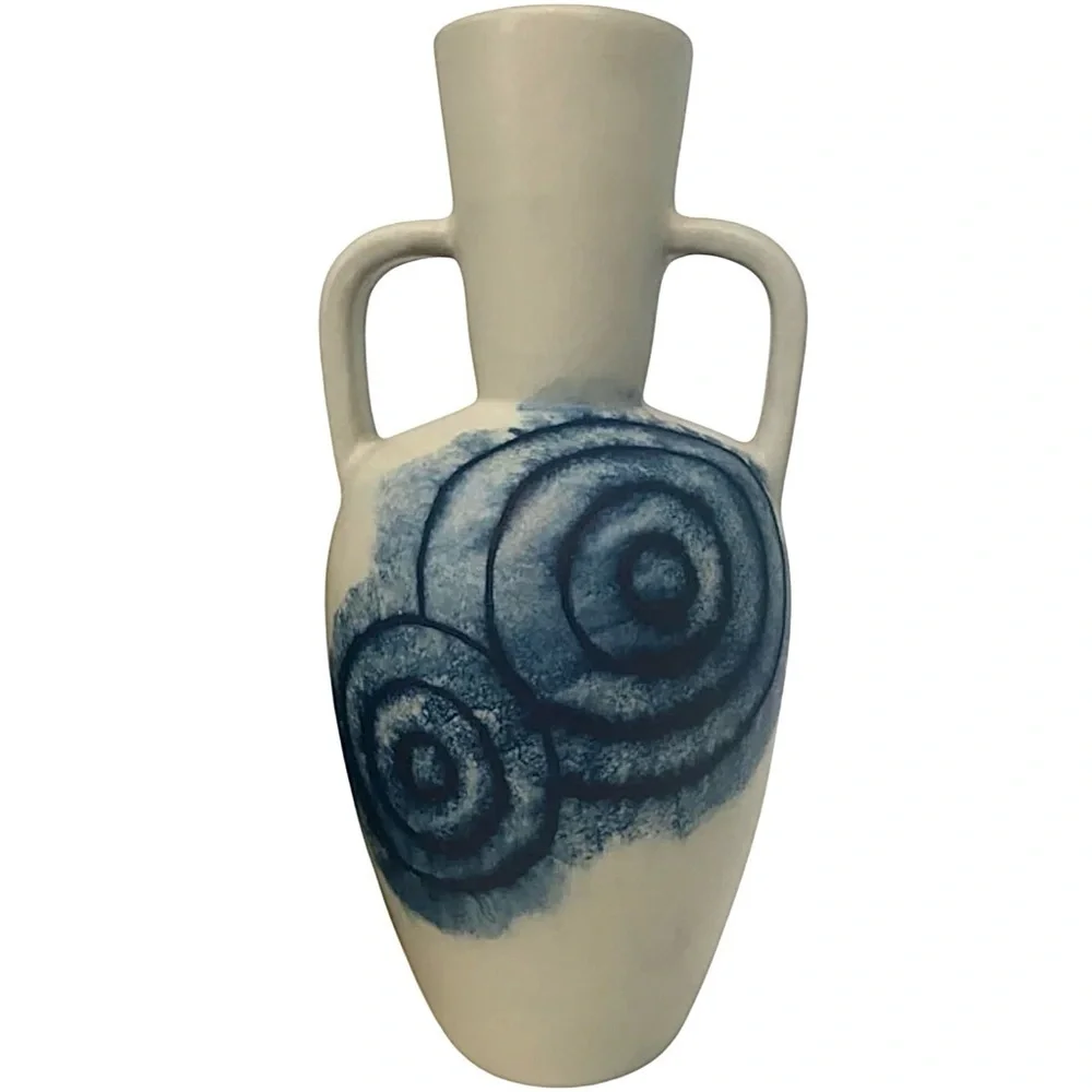 Thailand Natural & Blue Double Handled Artesian Pottery Vase Aztec Design New